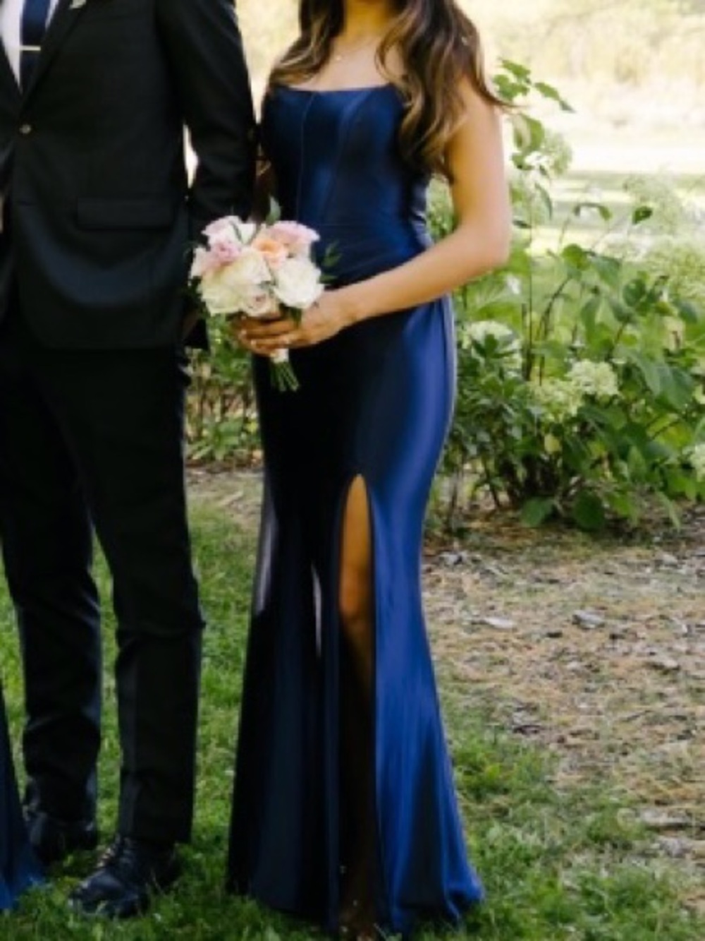 Elegant Navy Satin Strapless Evening Gown with Front Slit